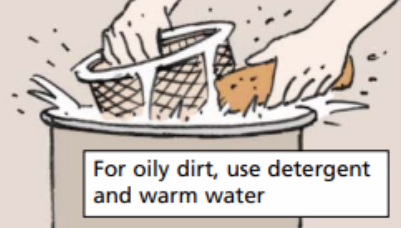 For oily dirt, use detergent and warm water